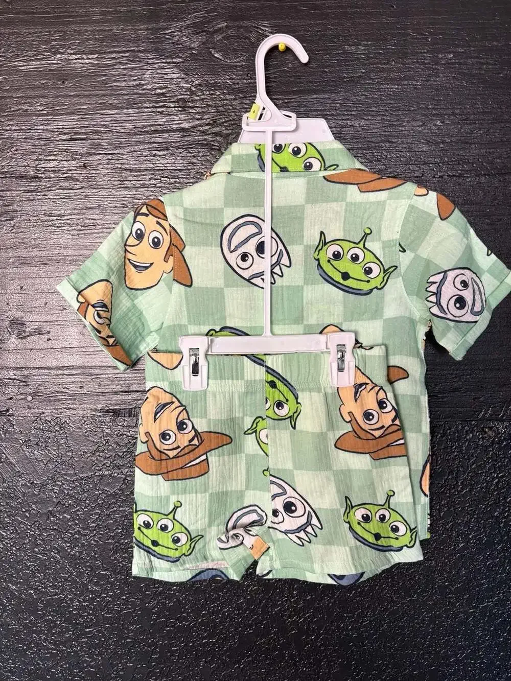 Toy Story Button Up Shirt and Shorts Size 4 Sage Green